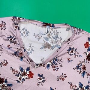 Sunday Mornings Floral V Neck Tunic Top Womens Size L Pink Blue Red Short Sleeve